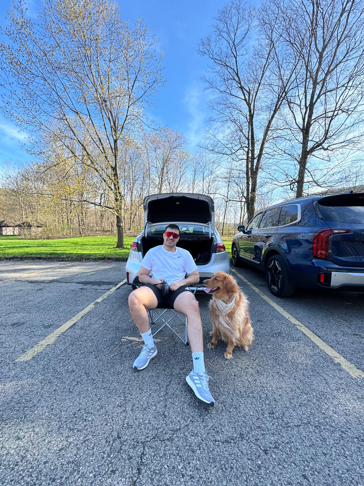 Resting in the parking lot after hike